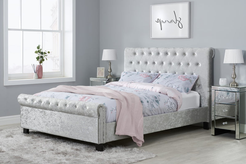 Modern and Stylish Sienna Silver Crushed Velvet Fabric Sleigh Bed Frame