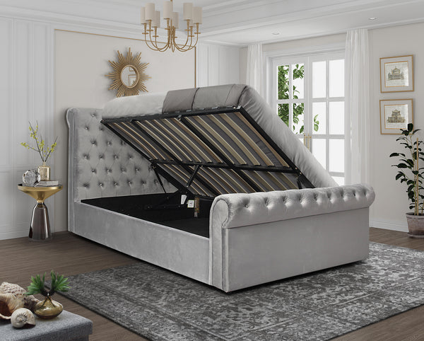 4ft6 5ft Stunning Suedette Grey Sleigh Bed Side Lift Storage + Fabric Buttons