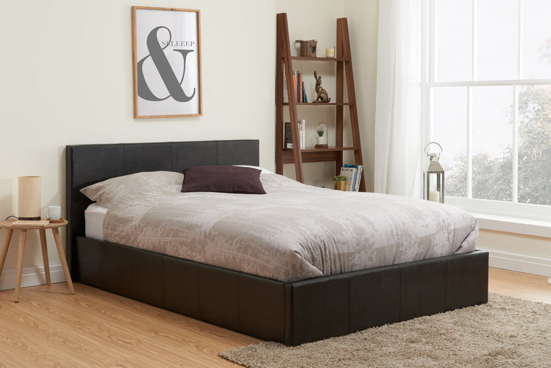 Contemporary Berlin End Lift Ottoman Storage Bedframe available in Black or Brown Faux Leather