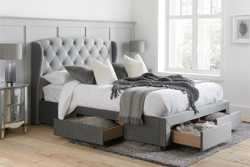 Luxurious Hope Tufted Grey Velvet Fabric Drawer Storage Bed Frame