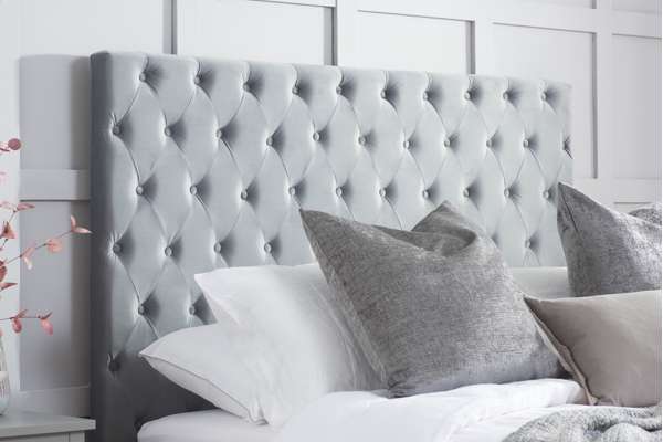 Luxurious Grey Velvet Marquis Ottoman Bed Frame with Button Detailed Headboard