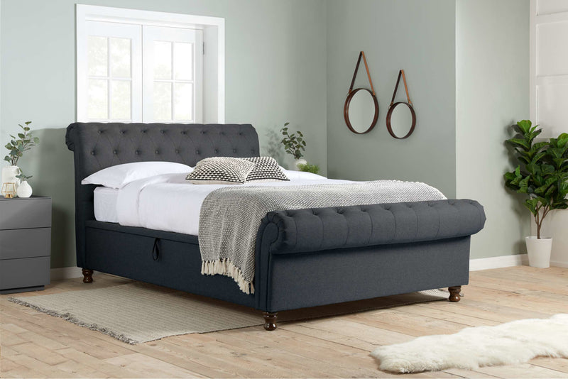 Castello Luxury Fabric Upholstered Side Lifting Ottoman Button Sleigh Bed Frame