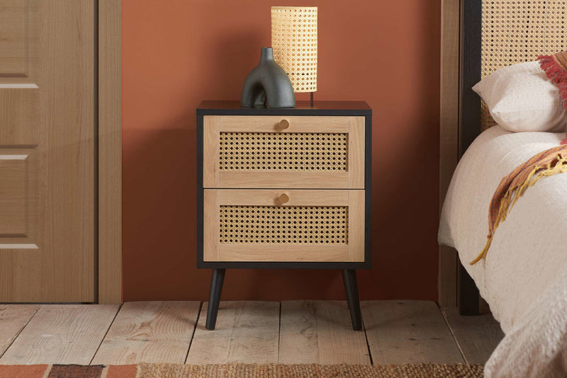 Modern Croxley Rattan 2 Drawer Bedside Table available in Black or Oak