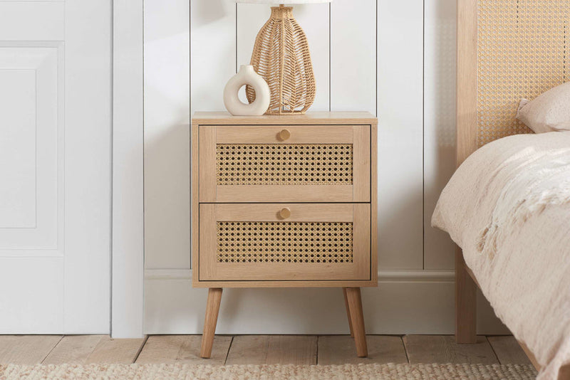 Modern Croxley Rattan 2 Drawer Bedside Table available in Black, Oak & White