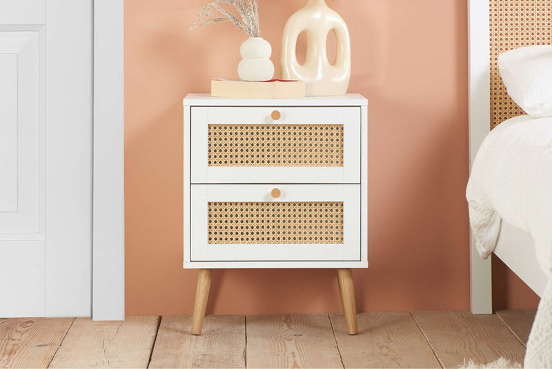 Modern Croxley Rattan 2 Drawer Bedside Table available in Black, Oak & White