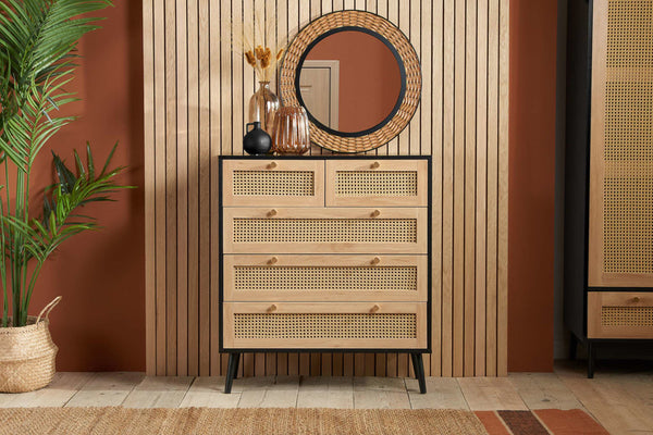 Modish Croxley Rattan 5 Drawer Chest available in Black, Oak & White