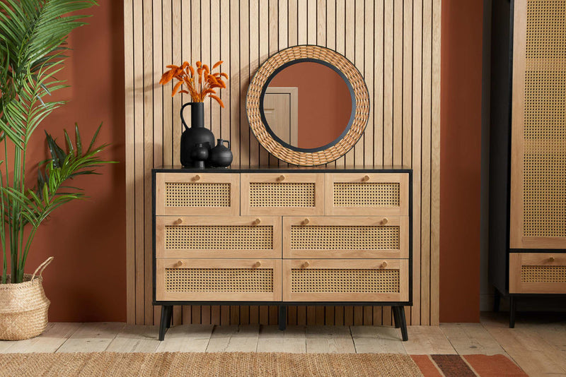 Elegant Croxley Rattan 7 Drawer Chest available in Black or Oak