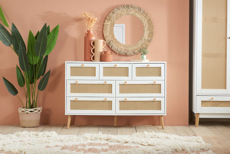 Elegant Croxley Rattan 7 Drawer Chest available in Black, Oak & White