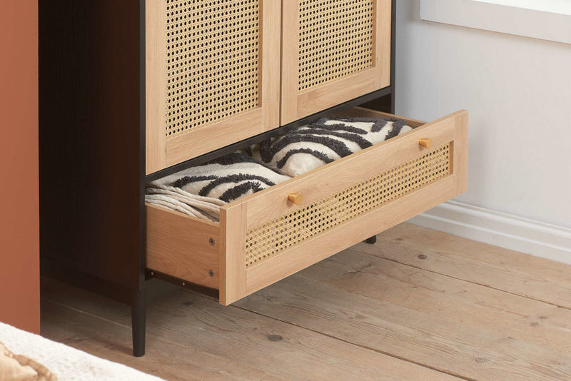 Chic Croxley Rattan 2 Door 1 Drawer Wardrobe available in Black or Oak