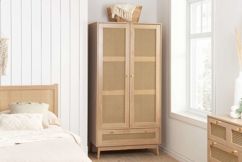 Chic Croxley Rattan 2 Door 1 Drawer Wardrobe available in Black or Oak