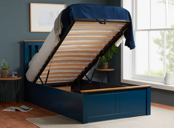 NEW 2024! Navy Blue Charming Timeless Classic Phoenix 3FT Single Wooden Ottoman Storage Bed Frame