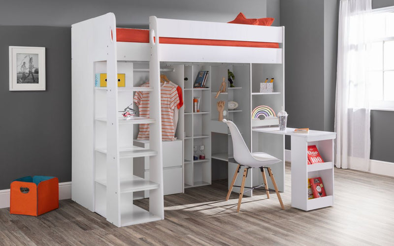 Children's White Aurora High Sleeper with Mirror, Storage & Pull Out Desk