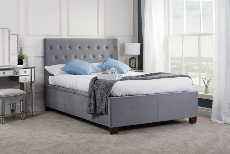 Modern Chesterfield Buttoned Cologne Ottoman Soft Grey Velvet Fabric Storage Bed