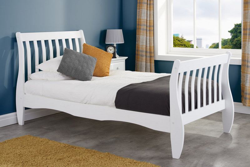 Stylish Belford White Wooden Sleigh Bed Frame - Available in 3FT, 4FT & 4FT6