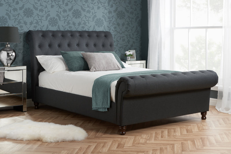 Stylish Castello Chesterfield Style Fabric or Crushed Velvet Sleigh Bed Frame