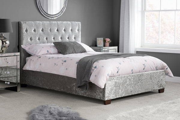 Modern Chesterfield Buttoned Cologne Soft Grey or Silver Crushed Velvet Fabric Bed