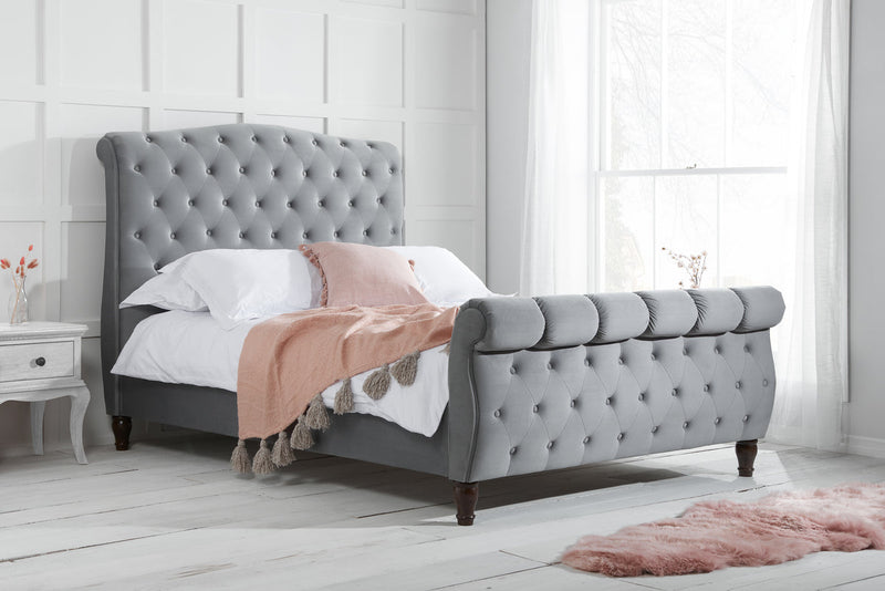 Sophisticated Colorado Grey Velvet Buttoned Sleigh Bed Frame