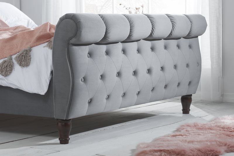 Sophisticated Colorado Grey Velvet Buttoned Sleigh Bed Frame