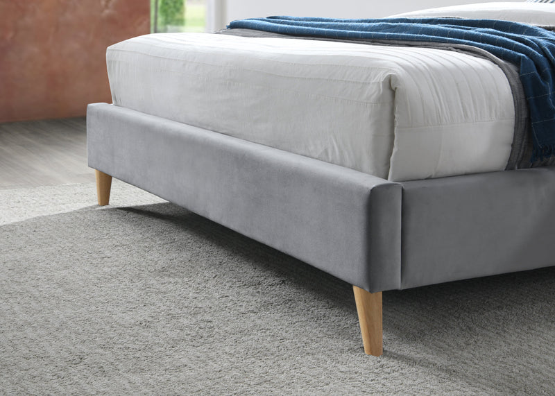 Subtly Winged, Pleated and Deep Cushioned Soft Velvet Elm Fabric Bedstead