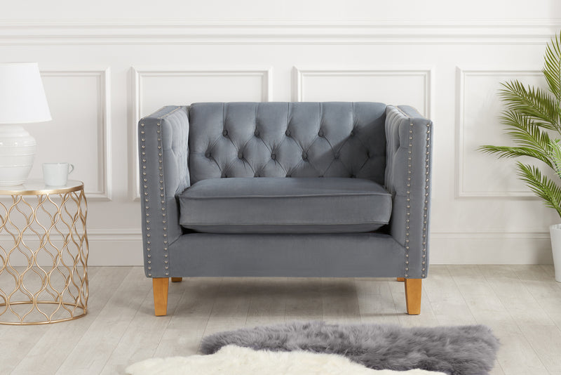 Modern Grey Velvet Buttoned Florence Fabric Snuggle Chair OR 2 Seat Sofa