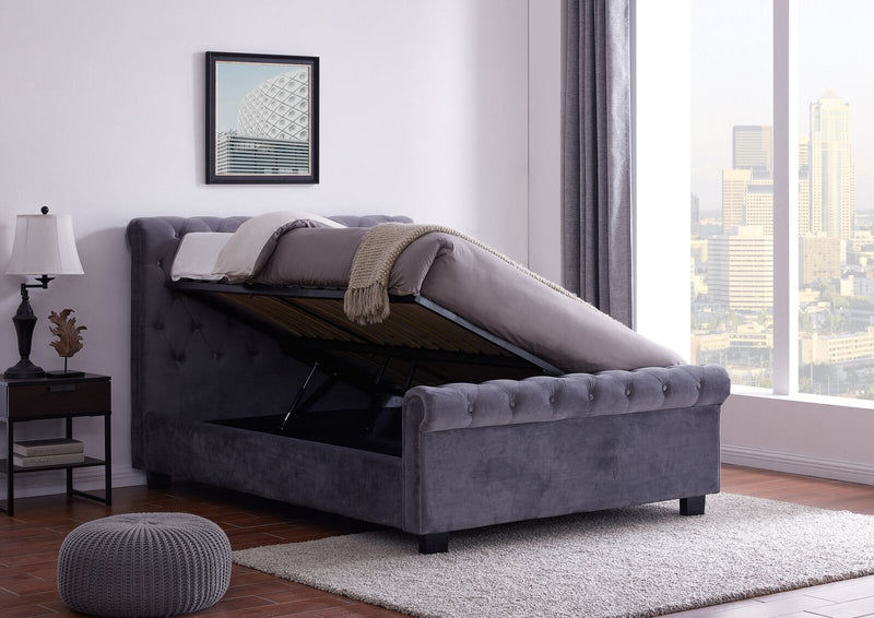 Beautiful Grey Plush Velvet Whitford Ottoman Storage Bed Frame available in 4FT6 & 5FT