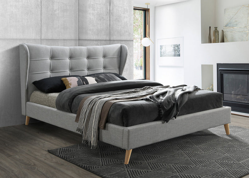 Contemporary Harper Dove Grey Fabric Bed with Buttoned Headboard