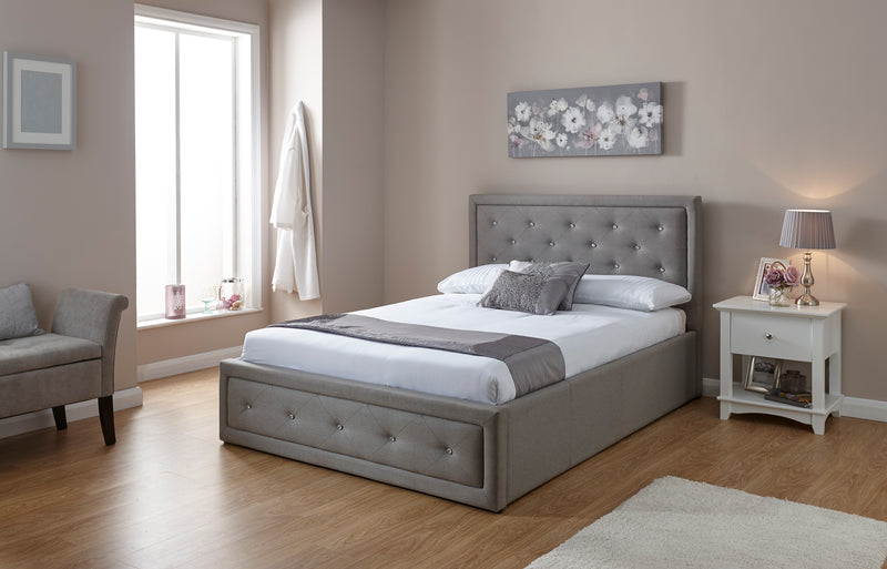 Hollywood Diamante Deep-buttoned Stone Grey Hopsack Fabric Ottoman Bed