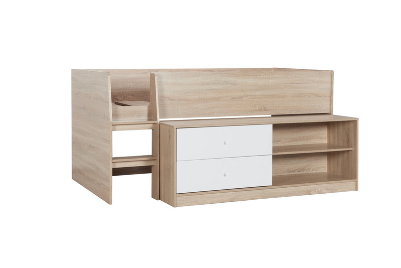 Children's Oak & White Wooden Leyton Cabin Bed with Pull Out Drawers