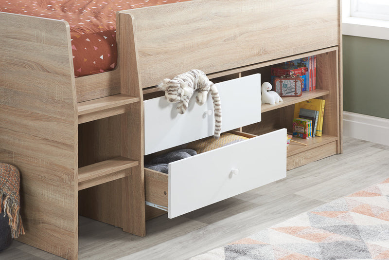 Beautiful Children's Oak & White Wooden Leyton Cabin Bed with Pull Out Drawers