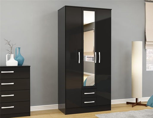 Lynx Modern 3 Door 2 Drawer High-Gloss Wardrobe With Mirror Included - In 5 Colours