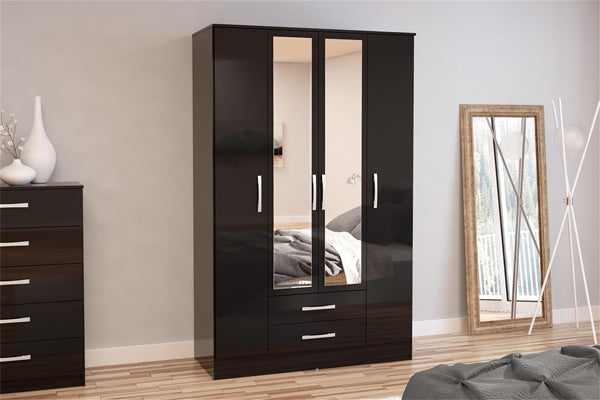 Lynx Modern 4 Door 2 Drawer High-Gloss Wardrobe With Mirror Included - In 5 Colours