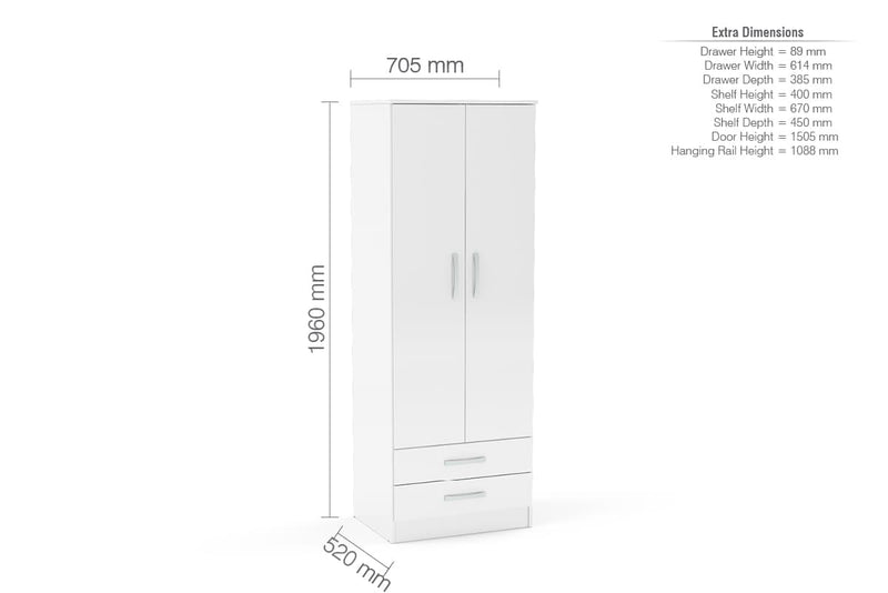 Lynx Modern Combi 2 Door 2 Drawer White High-Gloss Wardrobe