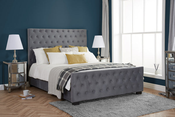 Luxurious Grey Velvet Marquis Non Storage Bedstead with Button Detailed Headboard