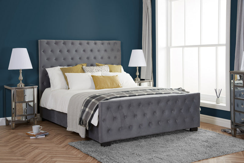 Luxurious Grey Velvet Marquis Non Storage Bed Frame with Button Detailed Headboard 4FT6, 5FT & 6FT