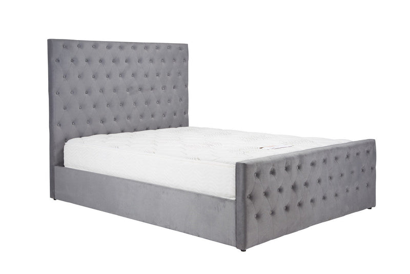 Luxurious Grey Velvet Marquis Ottoman Bed Frame with Button Detailed Headboard