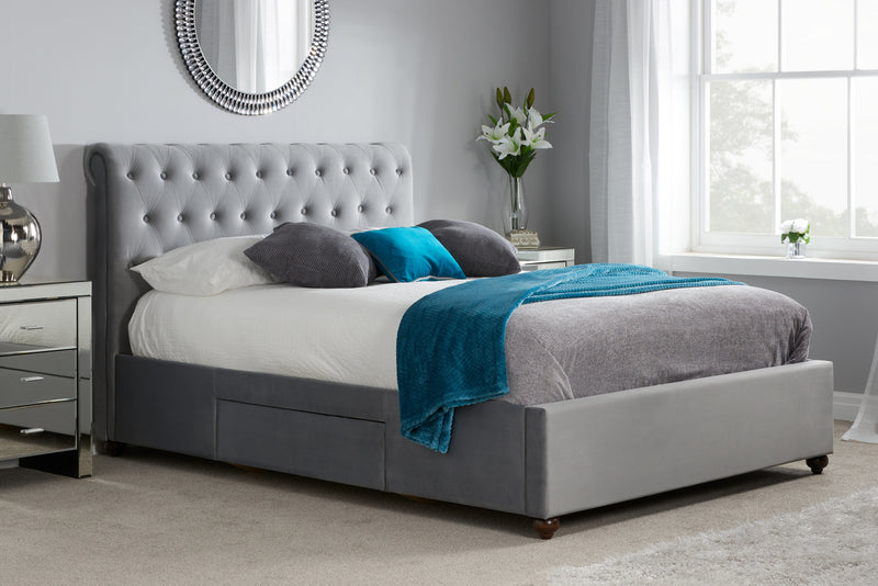 Luxury Marlow Tufted Chesterfield Scroll Headboard Grey Fabric Drawer Storage Bed Frame