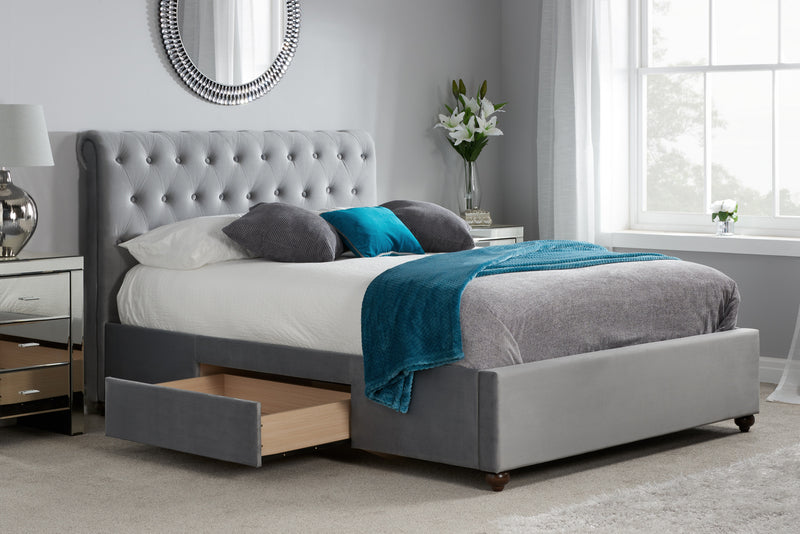 Marlow Luxury Tufted Chesterfield Scroll Headboard Grey Fabric Drawer Storage Bed Frame - 3 Sizes!
