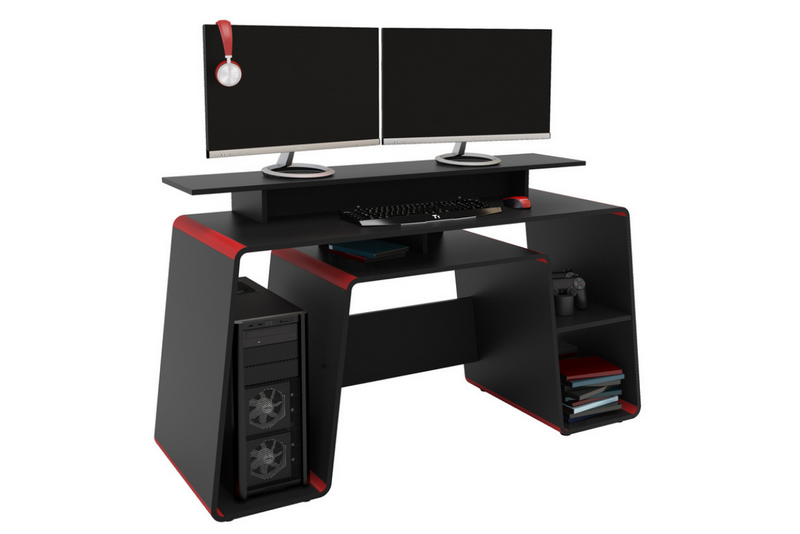 Modern Black Onyx Gaming Computer Desk with Blue or Red Coloured Trims - Storage Space Console Space Large