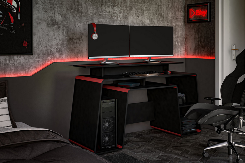 Modern Black Onyx Gaming Computer Desk with Blue or Red Coloured Trims - Storage Space Console Space Large