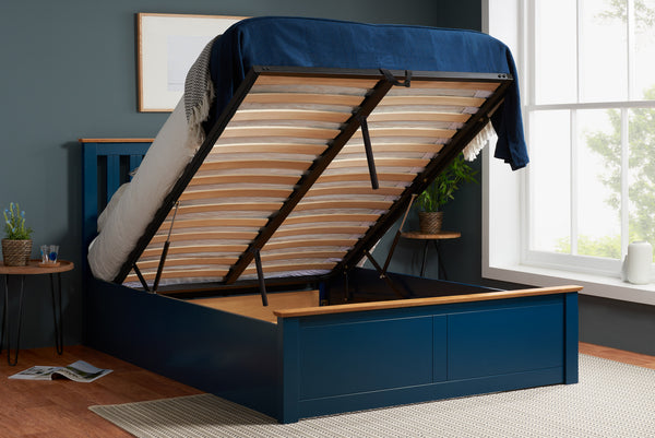 New Classy Phoenix Navy Blue Wooden Ottoman Storage Bed Frame