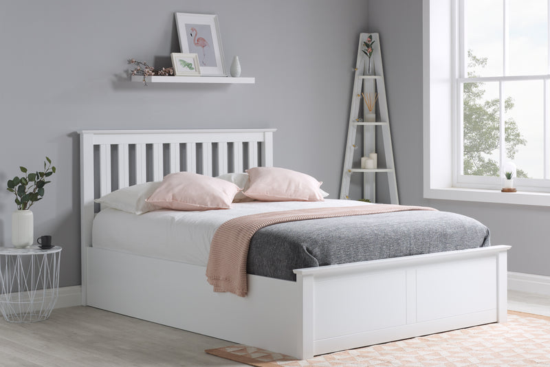 Charming Classic Phoenix Wooden Ottoman Storage Bed Frame available in White or Oak