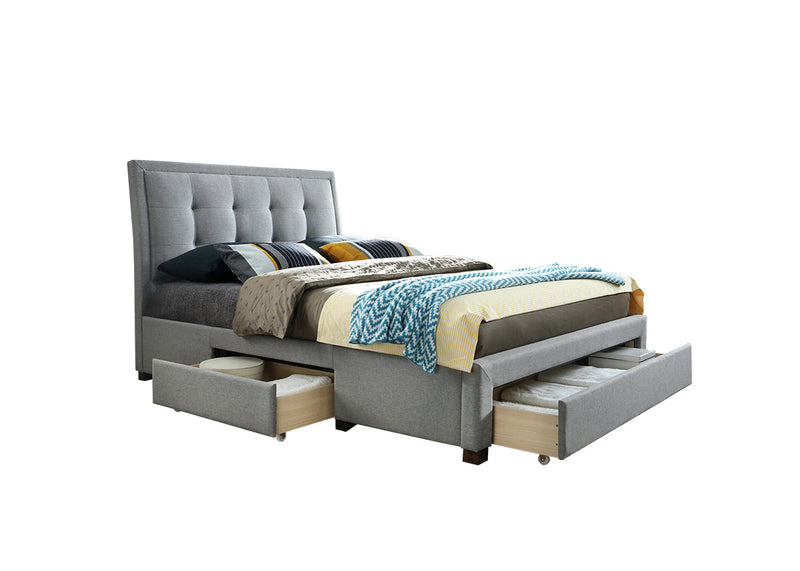 Sophisticated Buttoned Headboard Shelby Bed Frame in a Soft Grey Fabric with Drawer Storage