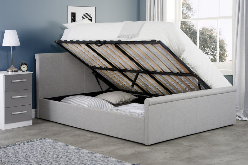 Stylish Stratus Ottoman Storage Sleigh Grey Fabric Bed Frame - In 3 Sizes