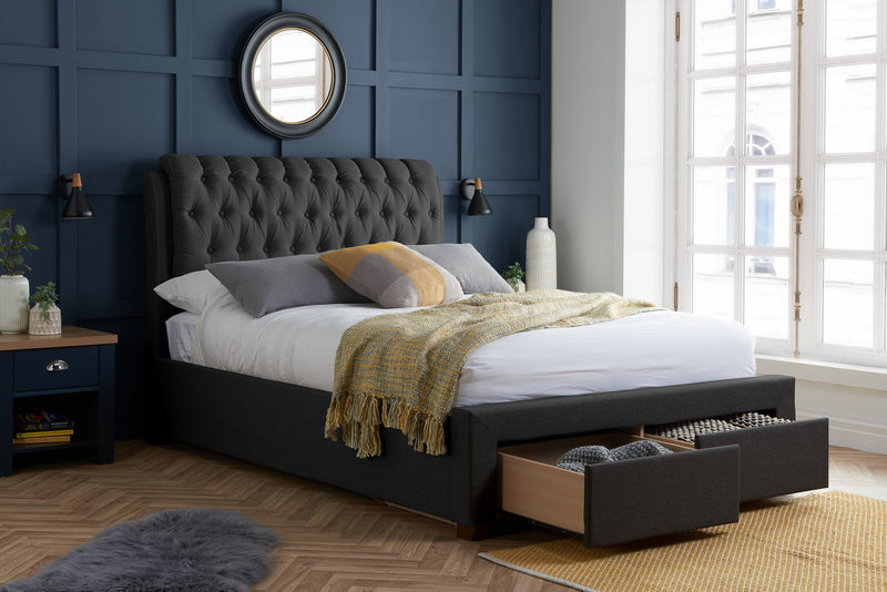 New Modern Valentino Drawer Storage Bed Frame with Buttoned Padded Headboard