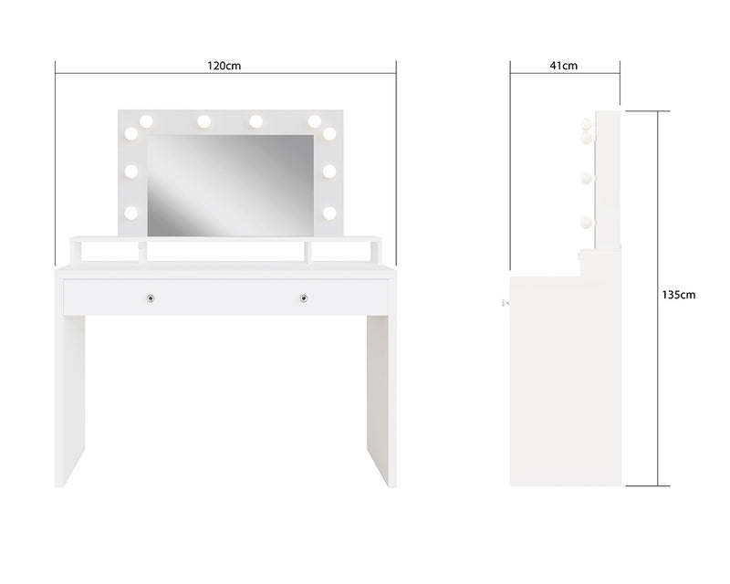 Glamourous Aurora White Dressing Table & Mirror with LED Bulbs