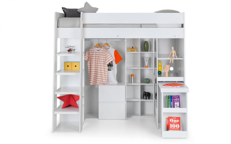 Children's White Aurora High Sleeper with Mirror, Storage & Pull Out Desk