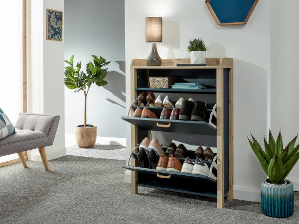 Stylish Berwick Open Top Two Tone Shoe Storage Cabinet With Shelf Ocean Blue Light Grey or White with Light Oak Colour Two Shelves Two Drawers 12 Pair Shoes