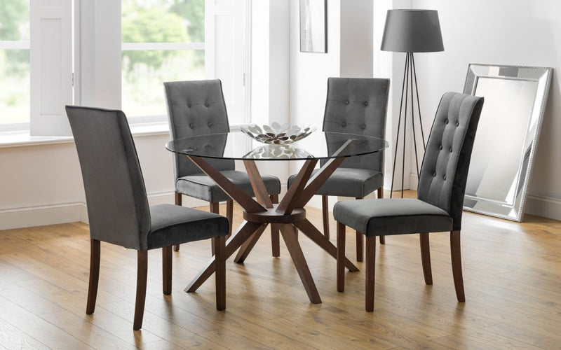 Glamourous Tufted Back Grey Velvet Fabric Dining Chair With Tapered Walnut Legs