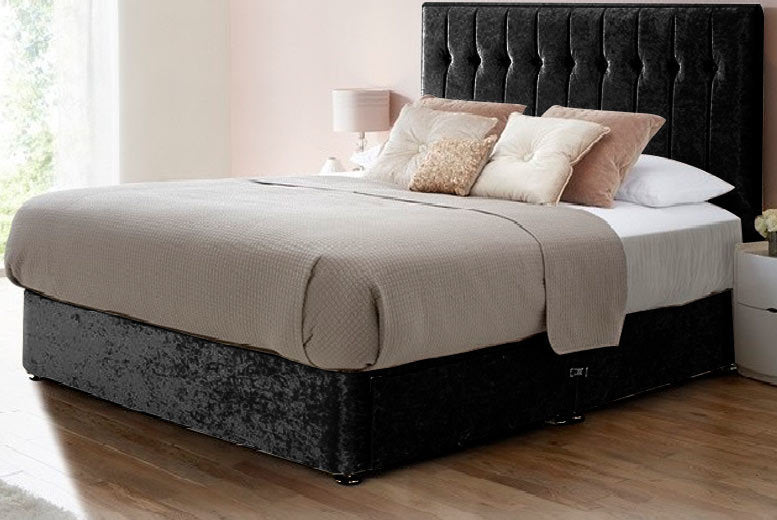 Crushed Velvet Divan Bed with Buttoned H/B & storage options Includes Mattress