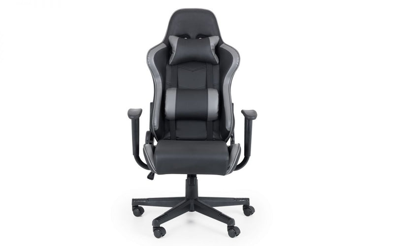 Sleek Gaming Chair Black and Grey Faux Leather Neck + Lumbar Support Tilt Adjust